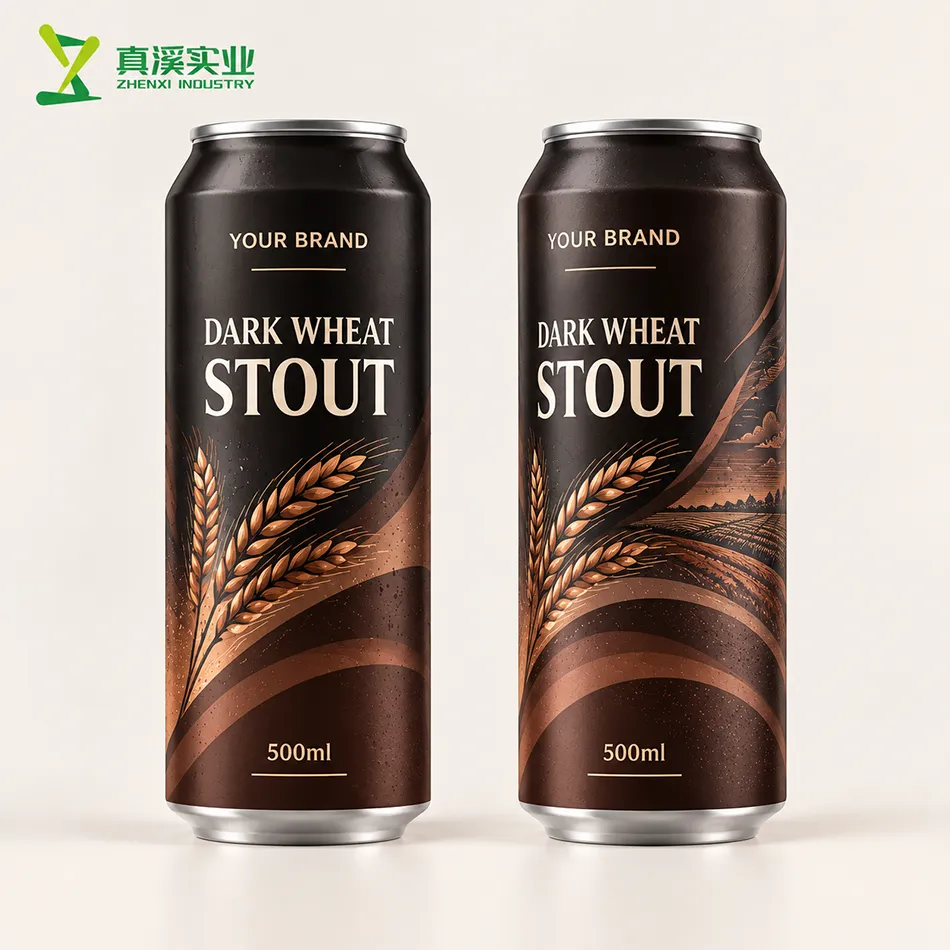 500ml dark wheat stout beer can concept shown in front and three-quarter views
