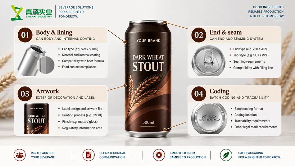 500ml dark wheat stout beer can-system review diagram with body, lining, end, seam and artwork
