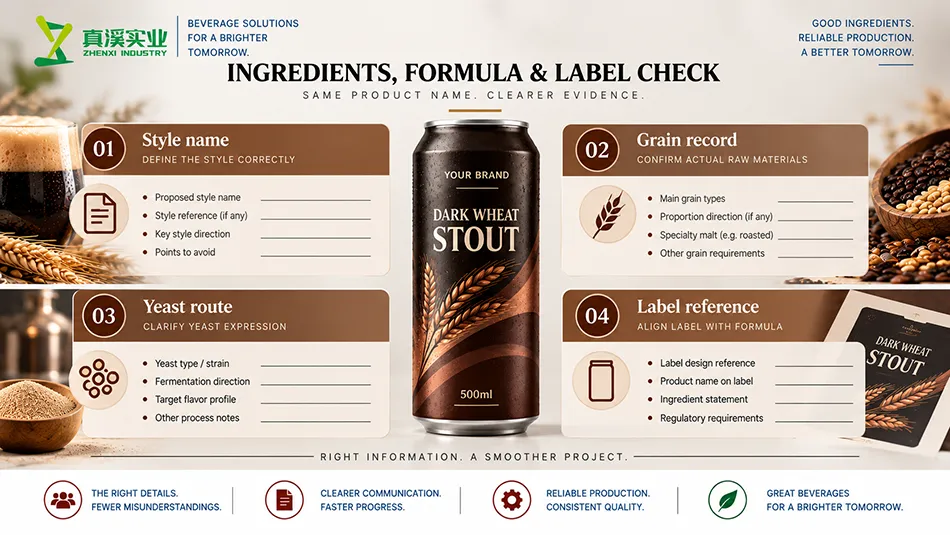 Dark Wheat Stout Beer ingredient and label review concept with separate product-record fields