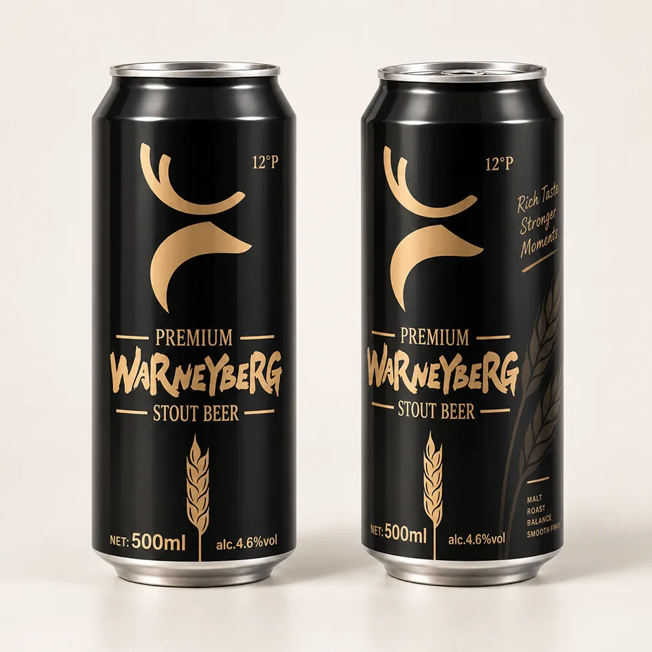 500ml stout beer can concept shown in front and three-quarter views