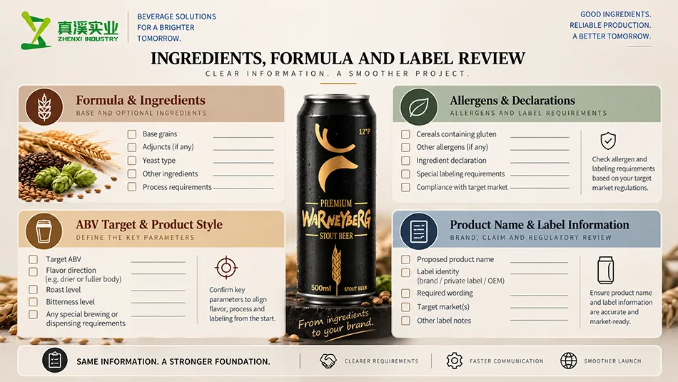 Stout Beer ingredient and label review concept with separate product-record fields