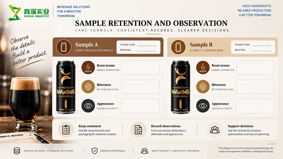 Stout Beer retained-sample review concept with unfilled storage-observation records