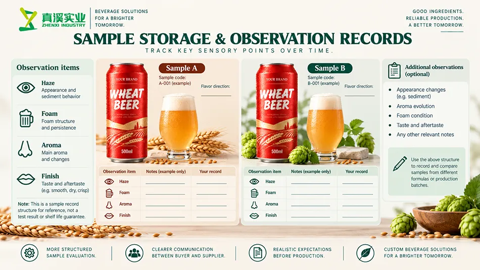 Wheat Beer retained-sample review concept with unfilled storage-observation records