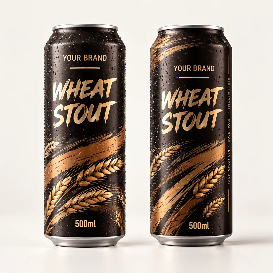 500ml wheat stout beer can concept shown in front and three-quarter views