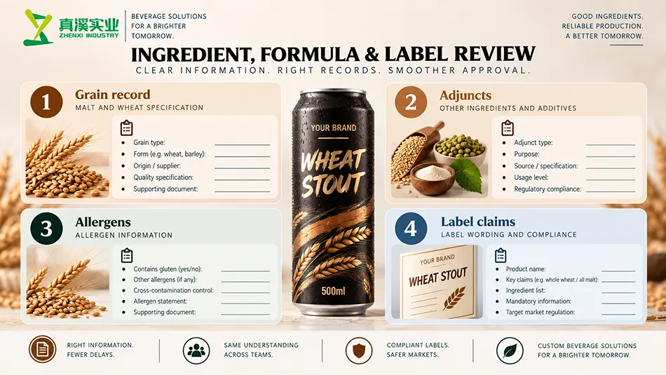 Wheat Stout Beer ingredient and label review concept with separate product-record fields