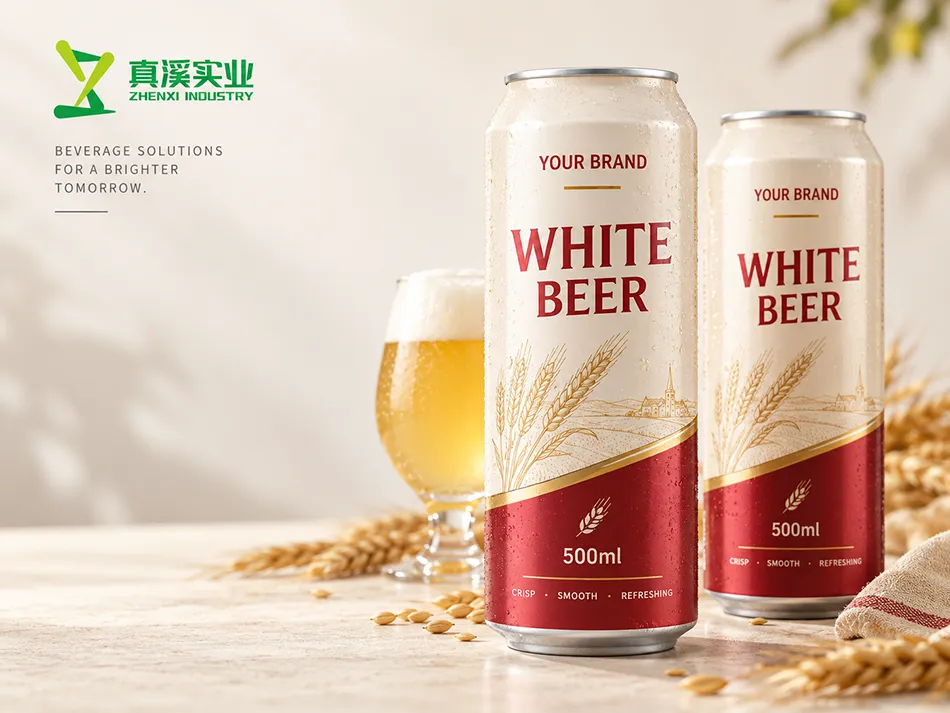 500ml white beer packaging concept with cream-and-red aluminum cans, grain and a glass of beer