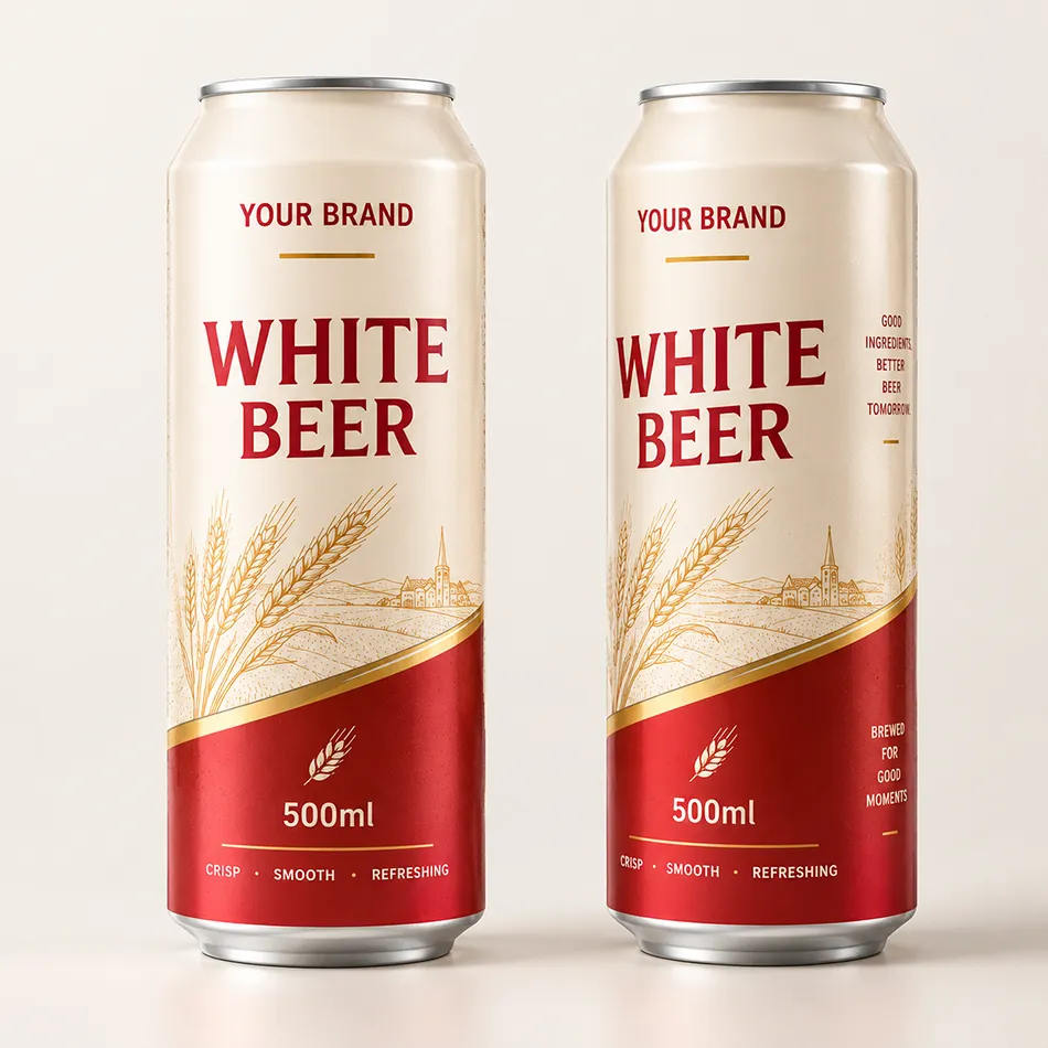 500ml white beer can concept shown in front and three-quarter views