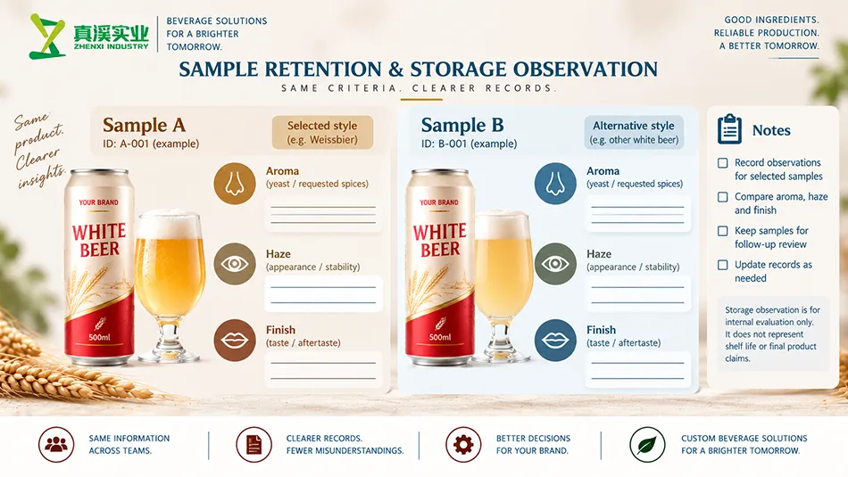 White Beer retained-sample review concept with unfilled storage-observation records