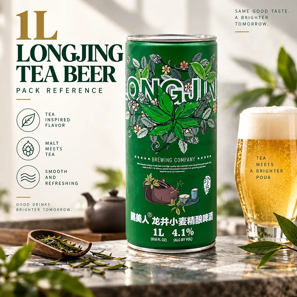 1L Longjing tea beer reference can with tea-inspired studio props and a serving glass.