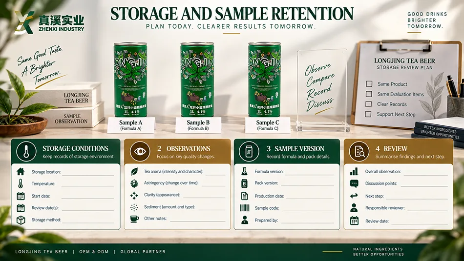 Longjing tea beer sample retention and storage review plan with conditions, observations and sample versions.