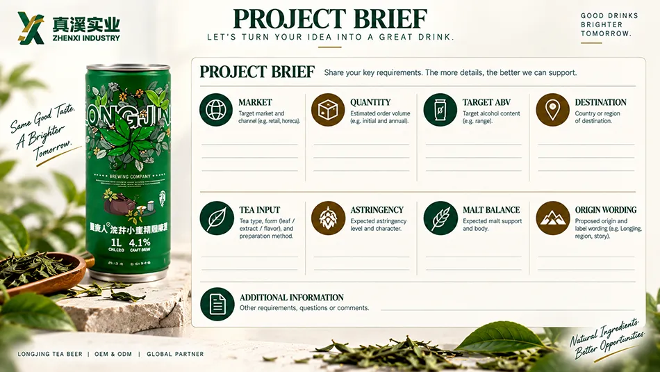 Longjing tea beer project brief with market, quantity, target ABV, destination, tea input, astringency and origin fields.