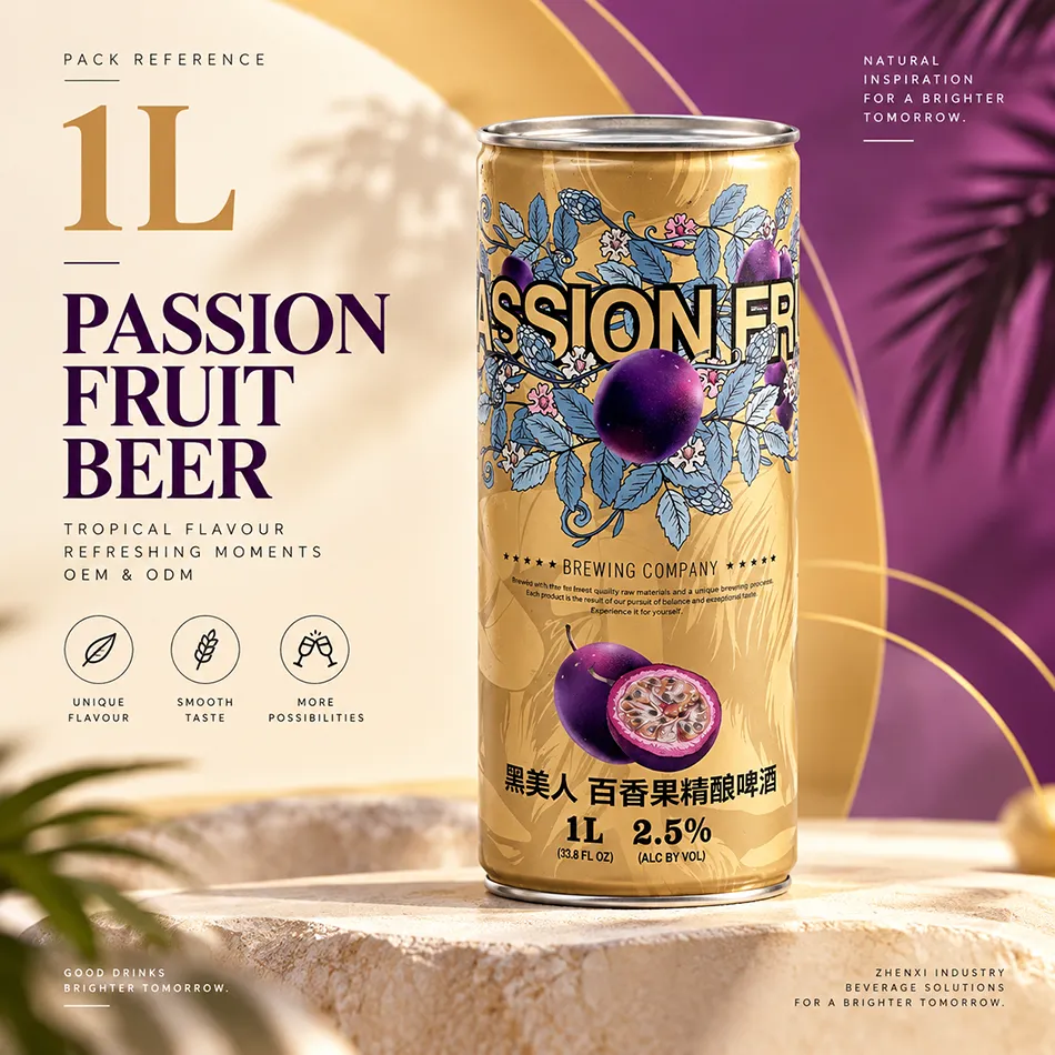 1L passion fruit beer reference can on a cream and purple studio background.