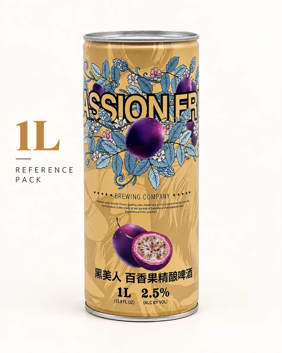 Front view of the gold 1L passion fruit beer reference can.