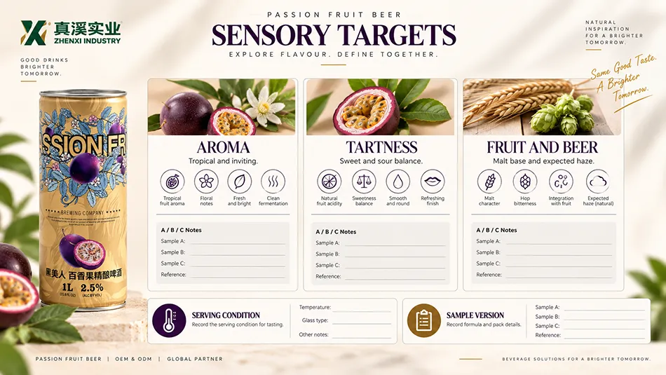 Passion fruit beer sensory targets for tropical aroma, tartness, malt balance and finished appearance.