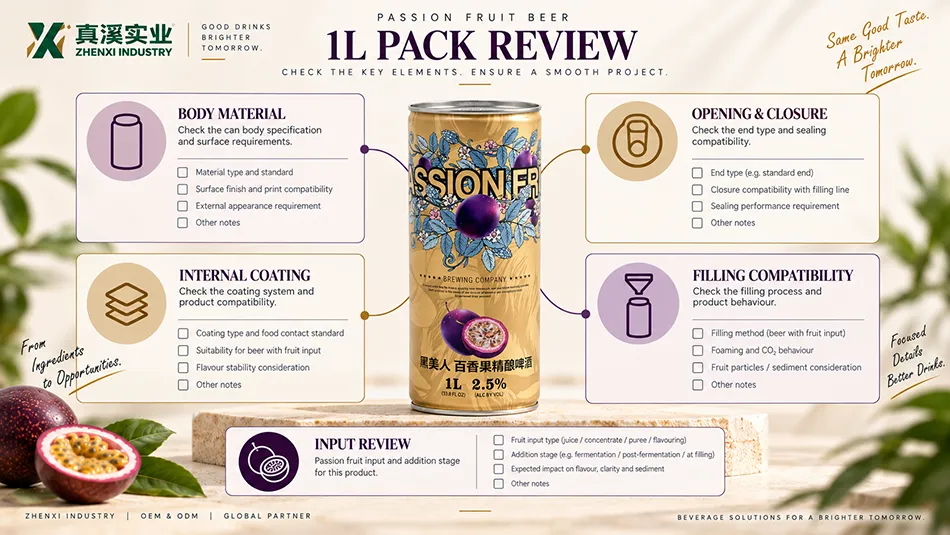 1L passion fruit beer packaging review covering body material, opening, internal coating and filling compatibility.
