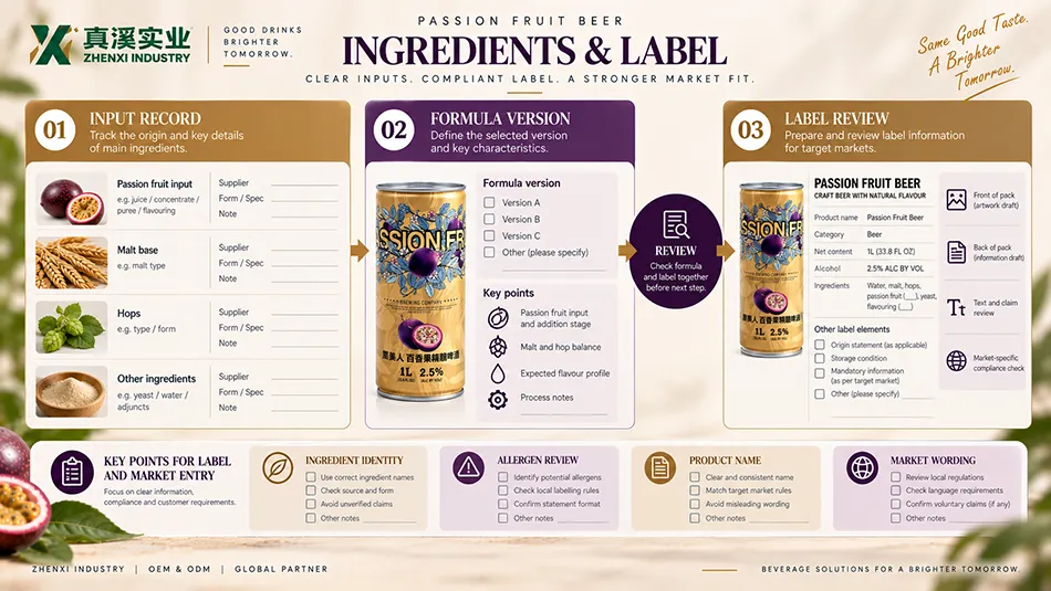Passion fruit beer input records, formula version and label review connected to ingredient and market requirements.