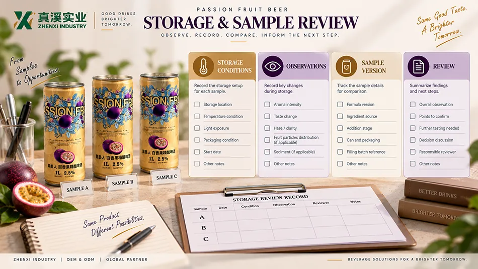 Passion fruit beer storage and sample review plan for conditions, observations, sample versions and next steps.