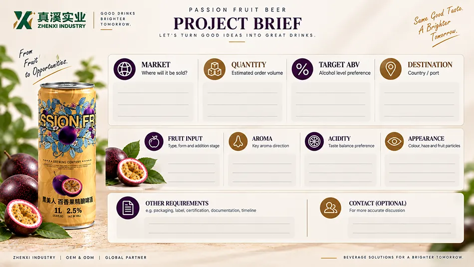 Passion fruit beer project brief with market, quantity, target ABV, destination, fruit input, aroma, acidity and appearance.