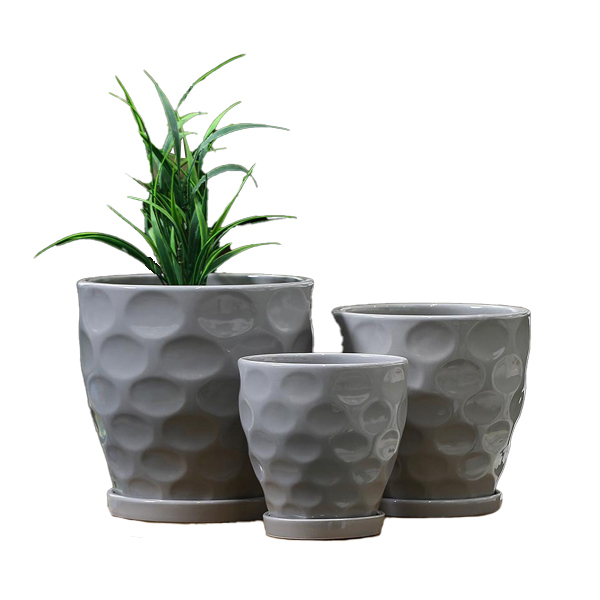 3PCS set texured ceramic planter pots with saucers
