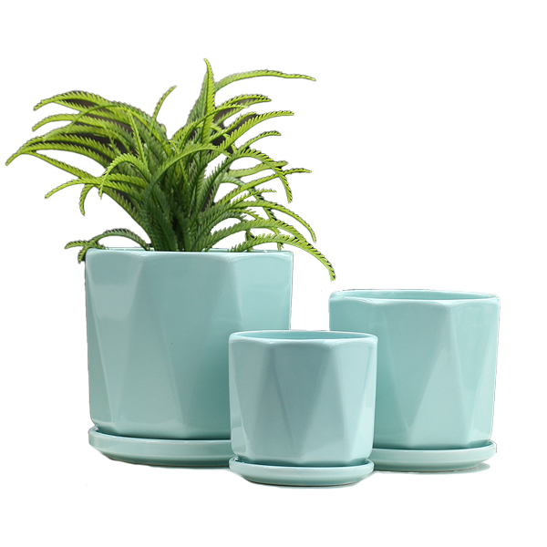 3PCS set geometrical ceramic planter pots with trays