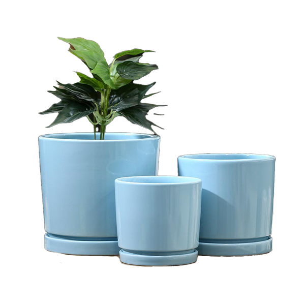 3PCS set round ceramic planter pots with trays