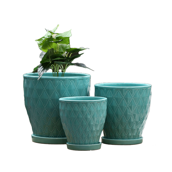 3PCS set texured ceramic planter pots with saucers