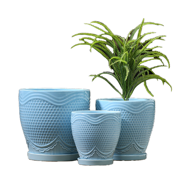 3PCS set texured ceramic planter pots with saucers