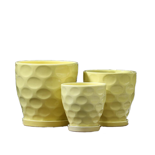 3PCS set texured ceramic planter pots with saucers