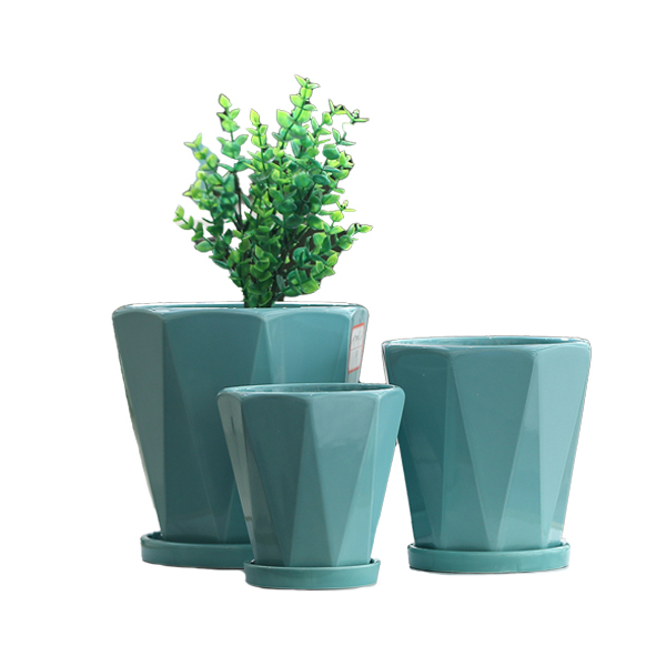 3PCS set geometry design ceramic planter pots with trays
