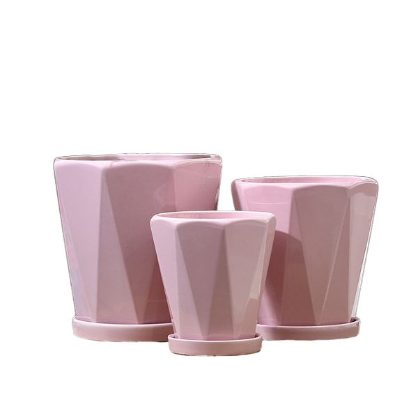 3PCS set geometry design ceramic planter pots with trays