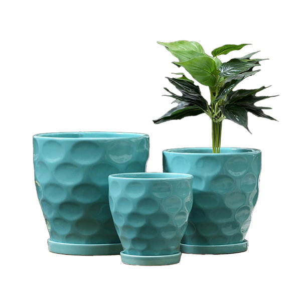 3PCS set texured ceramic planter pots with saucers