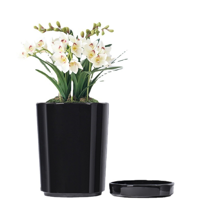 Set of 3 ceramic planter pots with saucers