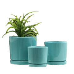 3PCS set round ceramic planter pots with trays