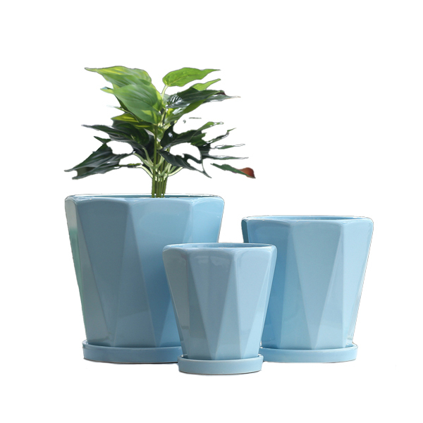 3PCS set geometry design ceramic planter pots with trays