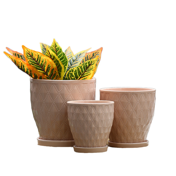 3PCS set texured ceramic planter pots with saucers