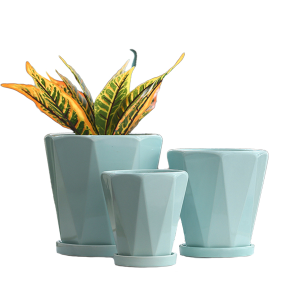 3PCS set geometry design ceramic planter pots with trays
