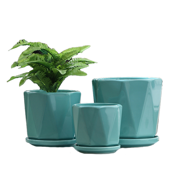 3PCS set geometrical ceramic planter pots with trays