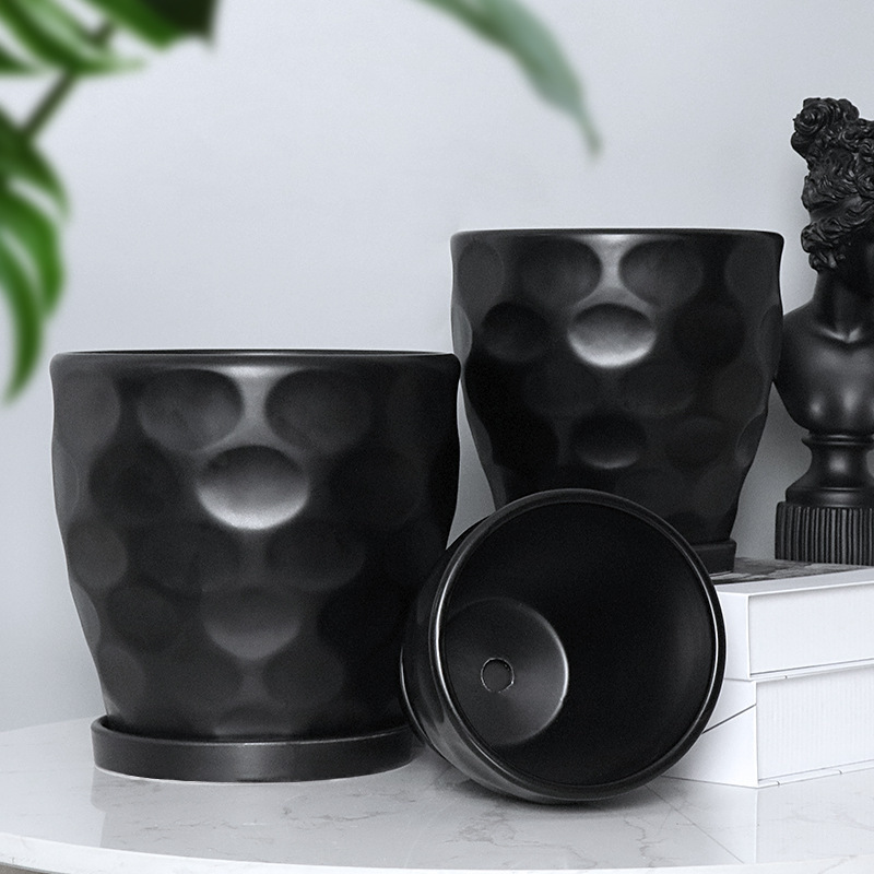 3PCS set hammered ceramic planter pots with trays