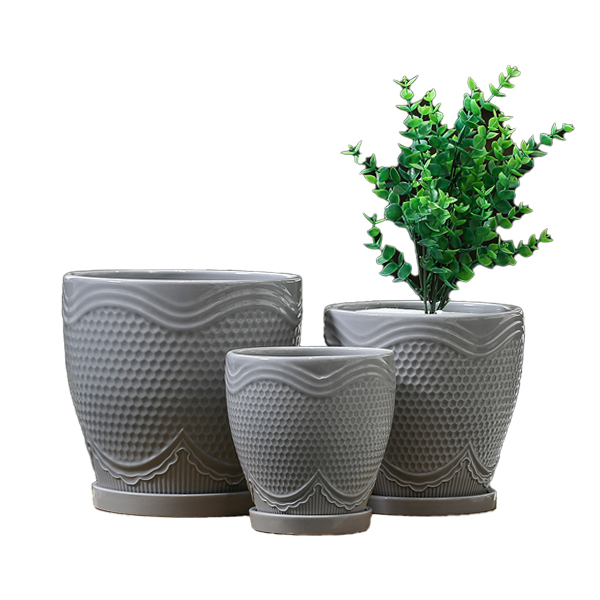 3PCS set texured ceramic planter pots with saucers
