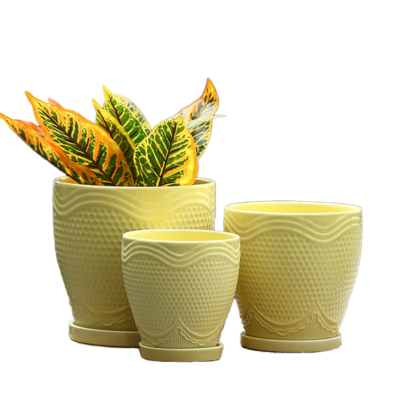 3PCS set texured ceramic planter pots with saucers