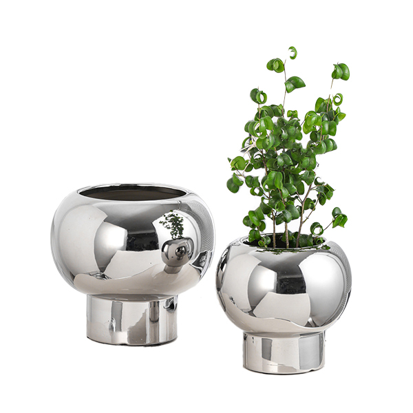 Silver color ceramic round plant pot
