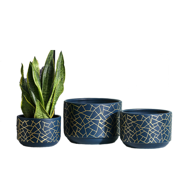 3PCS set ceramic planter pots with golden pattern