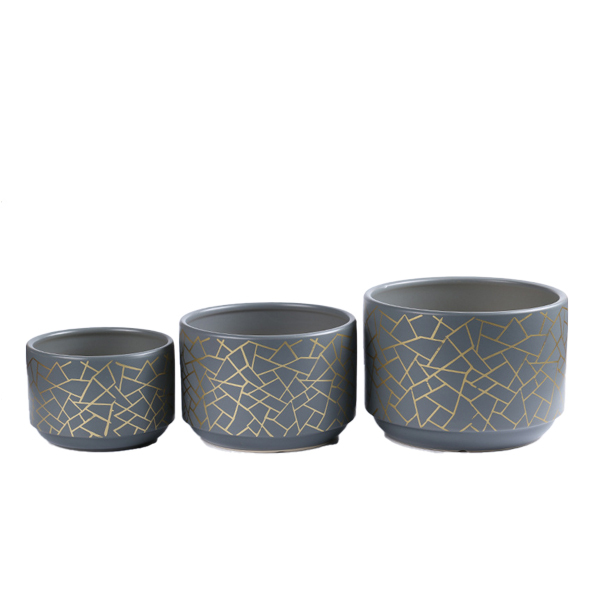 3PCS set ceramic planter pots with golden pattern