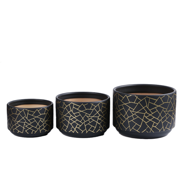 3PCS set ceramic planter pots with golden pattern