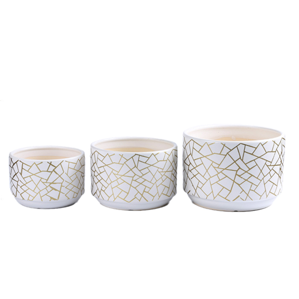3PCS set ceramic planter pots with golden pattern