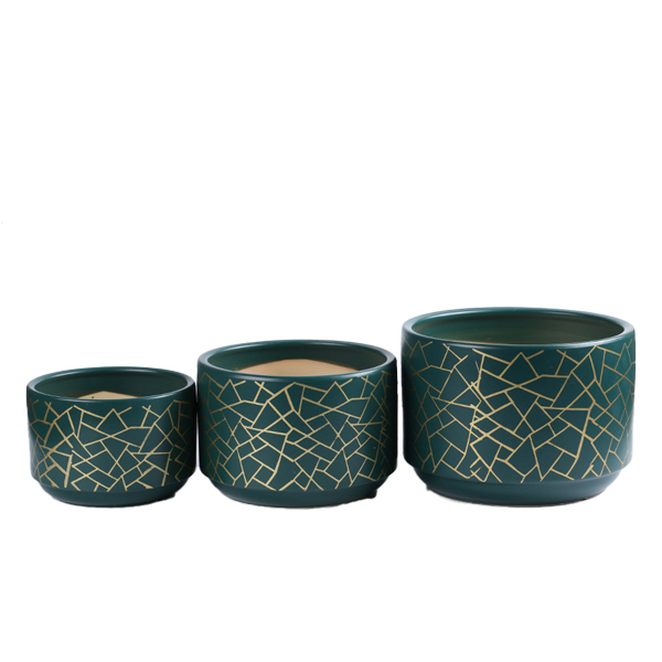 3PCS set ceramic planter pots with golden pattern