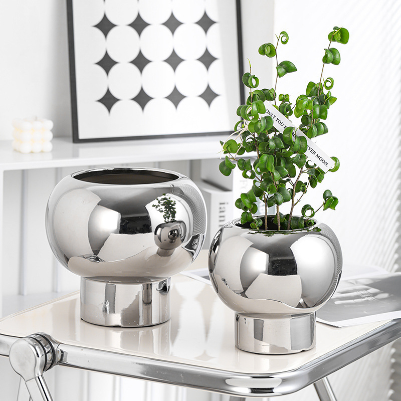 Silver color ceramic round plant pot