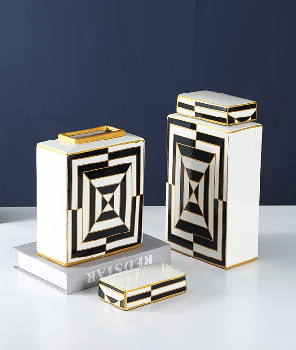 JLHX125 Flat geometric design ceramic gingle jar with lid