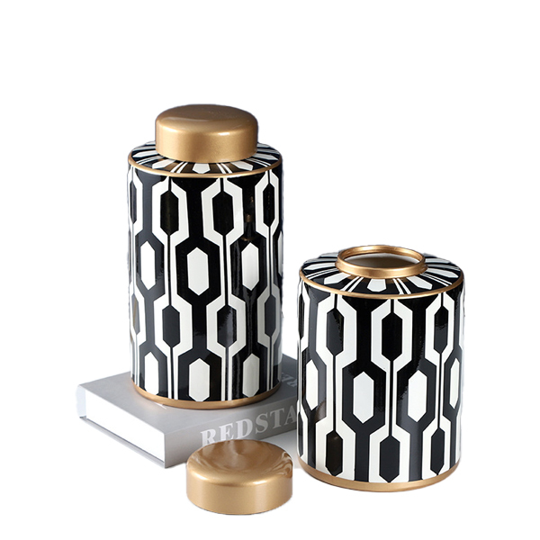 JLHX110 Geometric pattern decoration ceramic jar with gold lid