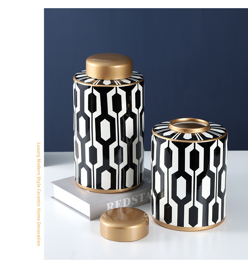 JLHX110 Geometric pattern decoration ceramic jar with gold lid